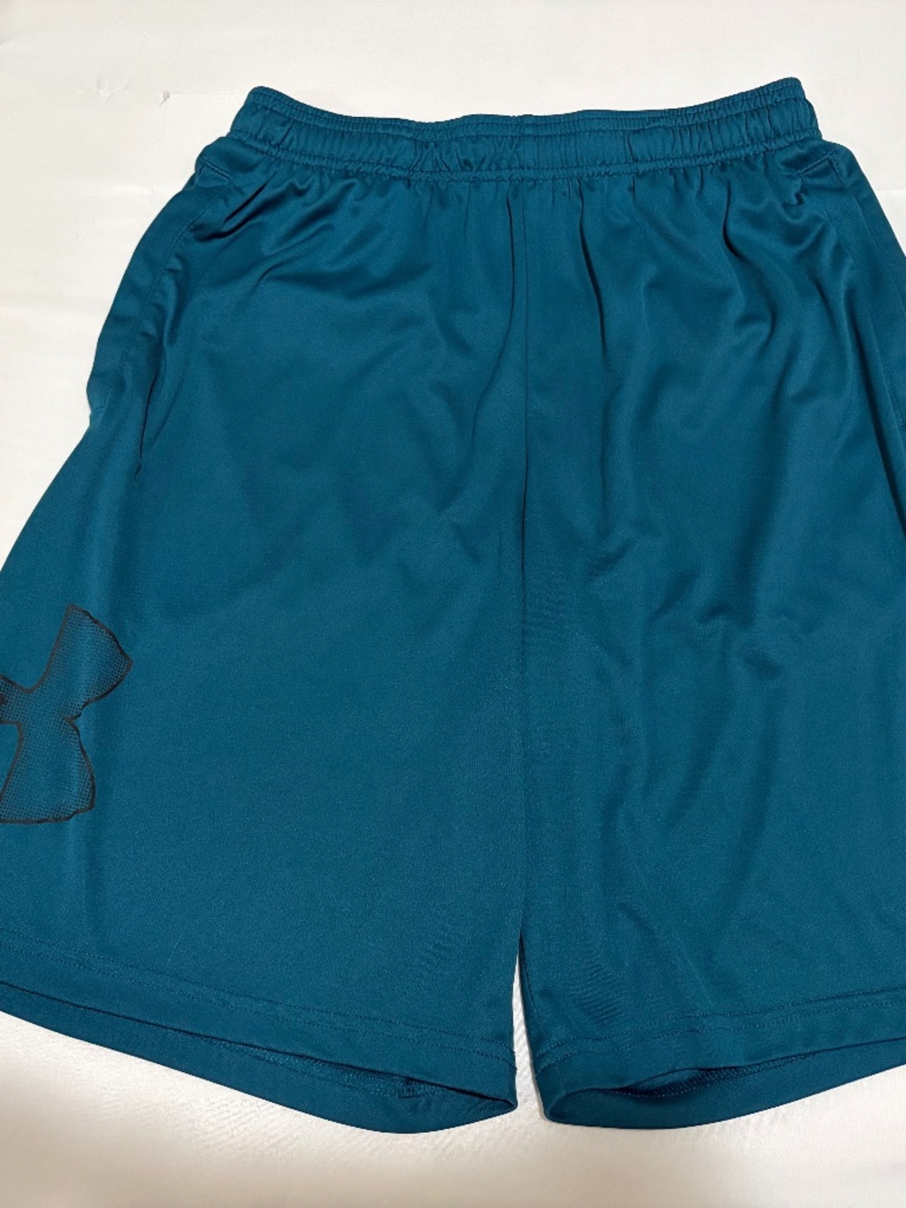 Under Armour Mens Medium Teal Blue Big Logo Athletic Shorts Loose Fit Drawstring